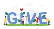 © Flash Vector - Community support, charity contribution of charitable nonprofit organization for giving social assistance and help. Tiny people holding letters of Give word together cartoon vector illustration