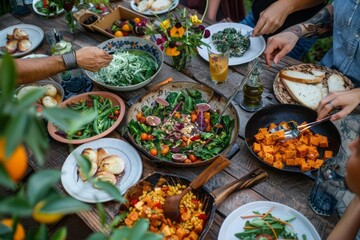 A family enjoying a plant-based dinner at home with a variety of dishes made from seasonal produce showcasing the joy of sustainable eating