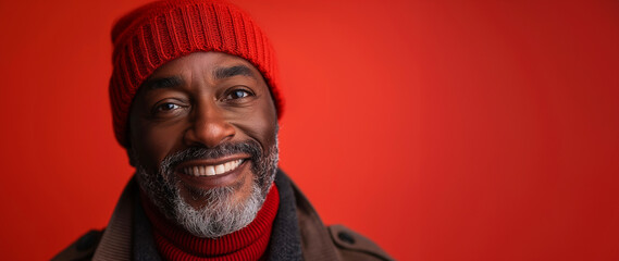 Wall Mural - A man wearing a red hat and a red sweater is smiling. middle-aged trendy black guy smiling in beanie standing in front of a solid color background