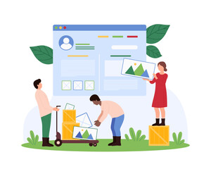 web design, wireframe process on online platform. tiny people holding multimedia files, ui and ux de