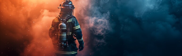 Wall Mural - Firefighter in full gear walking through smoke on a dark background with a copy space banner design