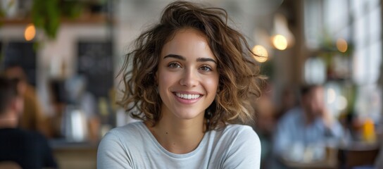 Wall Mural - Portrait of a beautiful smiling woman with curly hair sitting at a table in a modern office, wearing casual