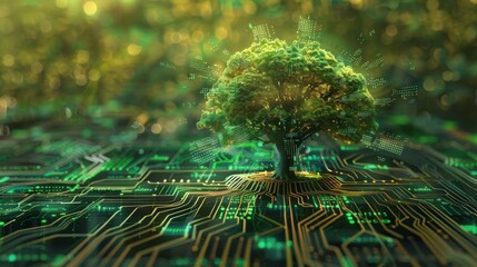 A vivid image of a tree flourishing on a circuit board symbolizing the convergence of nature and technology This striking visual juxtaposition illustrates the harmonious yet complex relationship betw