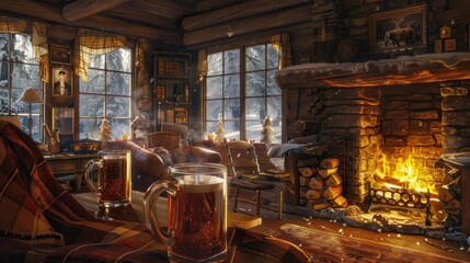 Wall Mural - A cozy log cabin scene with steaming mugs of hot apple cider and a crackling fire in the hearth.