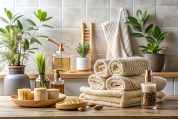 Canvas Print - Natural bathroom accessories with plants and towels.