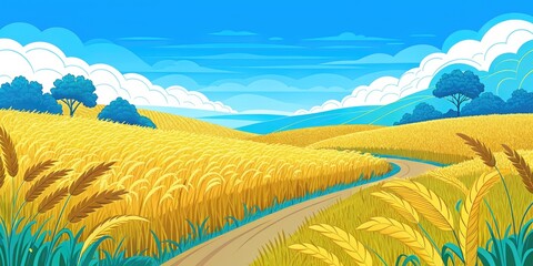 Poster - Golden wheat field under a bright blue sky.