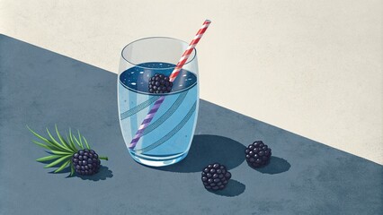 Canvas Print - Glass of blackberry water with a straw.