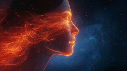 Wall Mural - A woman's face with a lot of glowing particles surrounding the face. Concept of emotional intelligence, inspiration and creativity, exploring the mind. Scene is one of energy and excitement