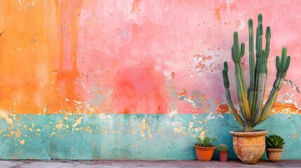 A colorful wall with peeling paint , several potted cacti and succulents