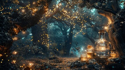 Wall Mural - A mystical potion brewing in a hidden glen, surrounded by ancient trees and shimmering fairy lights.