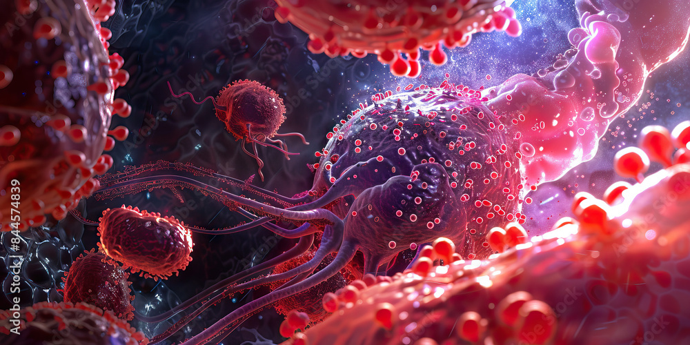 Viral Replication: An illustration depicting the replication process of the novel virus inside a host cell, highlighting the key stages such as attachment, entry, replication, assembly, and release