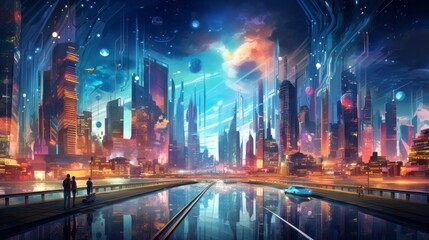 A futuristic cityscape illuminated by vibrant neon colors, with advanced skyscrapers, flying cars, and holographic advertisements, blending technology with bright, vivid hues