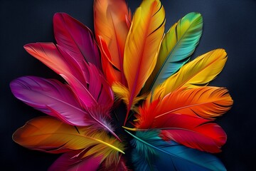 Wall Mural - An arrangement of brightly colored feathers in a circular pattern on a smooth black background, each feather's vibrant hue contrasting sharply with the dark surface,