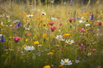 Wall Mural - Lush wildflower field bathed in the soft golden light of sunset