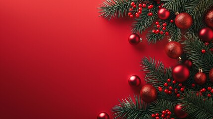 a red holiday background with an empty space for text, on the right a christmas tree decor and red c