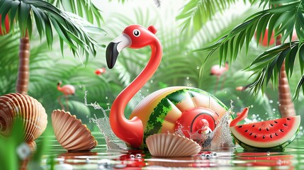 Wall Mural - Summer festive background. 3d vector realistic illustration. Flamingo inflatable toy, watermelon, palm trees, shell, water splash