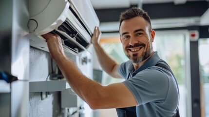 portrait of a Caucasian smiling handyman servicing or installing an air conditioner in a house and looking at the camera