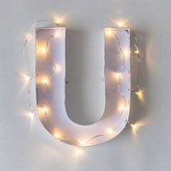 The word U made of lights, on a white background, in a flat lay photography style
