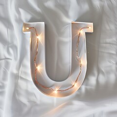 The word U made of lights, on a white background, in a flat lay photography style