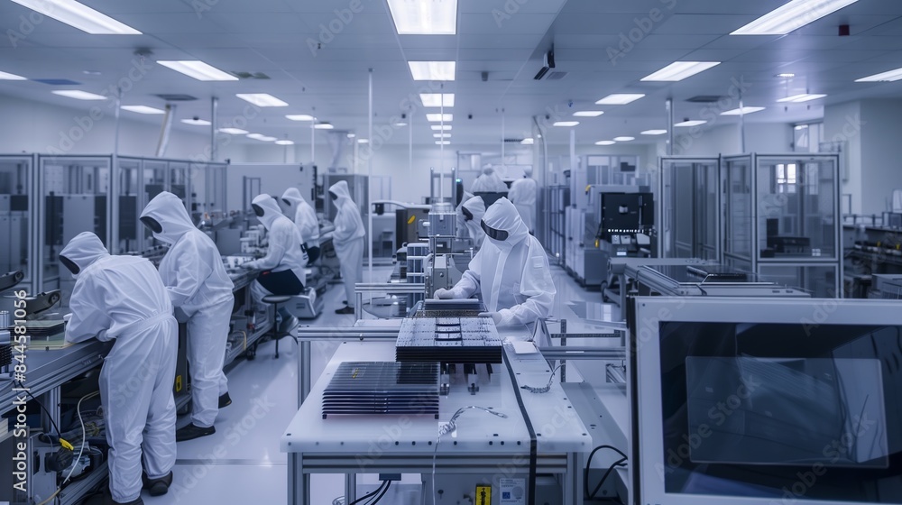 A pristine cleanroom for microelectronics features staff in bunny suits ...