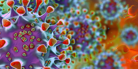 Bird Flu Virus: A detailed close-up of the H5N1 influenza virus, commonly known as bird flu, showing its spherical shape and surface proteins that enable it to infect birds and occasionally humans.