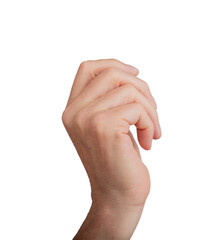 Wall Mural - Hand holding something, partially curled into a fist, isolated on white background. Gesture indicating a grasp or hold, ideal for interaction and communication concepts. Close up, transparent PNG