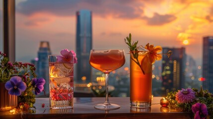 Wall Mural - A chic rooftop bar with panoramic views of the city skyline, serving signature cocktails garnished with edible flowers.