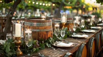 Wall Mural - A rustic vineyard wedding with barrels of aged wine and tables adorned with grapevine centerpieces.
