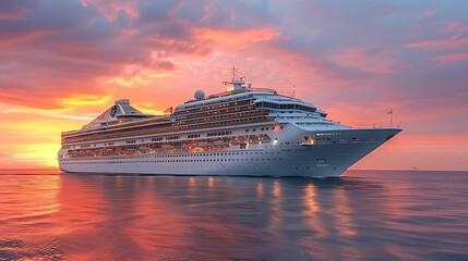 **Cruise ship at sunset isolated on white background
