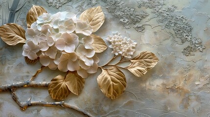 Wall Mural - Detailed close-up of a stucco relief featuring a hydrangea with raised, textured petals and golden veins, set against a soft-focus image of a Japanese garden.