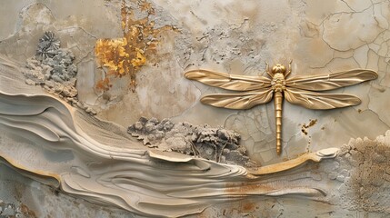 Canvas Print - Detailed view of a textured stucco surface featuring a dragonfly with raised, gold-accented wings, against a faint image of a Japanese garden pond.