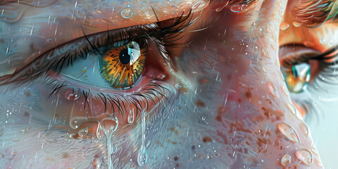 Wall Mural - Tears of Devotion: A close-up of a person's face with tears of devotion, with soft pastel tones conveying the depth of emotion and spiritual connection