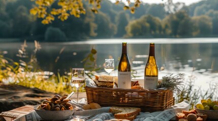 Poster - A serene lakeside picnic with a basket filled with bottles of crisp white wine and gourmet sandwiches.