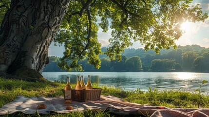 Wall Mural - A serene lakeside scene with a picnic blanket spread out under a shady tree, adorned with chilled bottles of rosÃ© wine.