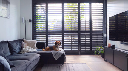 Wall Mural - Plantation shutter fitted in a modern lounge. The window has horizontal black wooden blinds. Blinds as an option for protection from excessive sunlight.