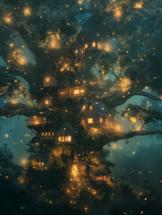 Wall Mural - A giant tree with houses built into its branches