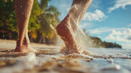 Sticker - Man cleaning his feet of sand under a beach shower in a close up shot Emphasizing foot cleanliness concept