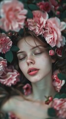 Wall Mural - beautiful woman face surrounded by flowers