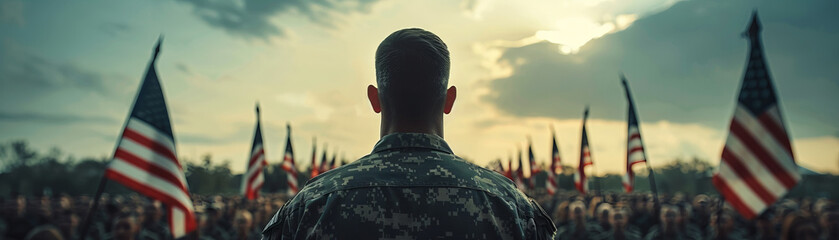 A soldier stands at attention in front of a row of American flags.