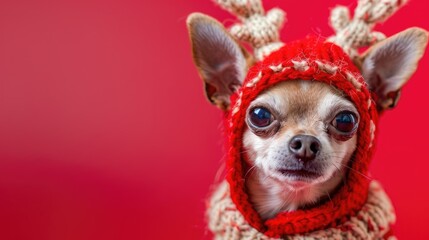 Wall Mural - Chihuahua dog in a funny reindeer costume in a close up portrait on a red background