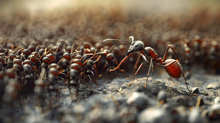 One ant is completely surrounded by humans.