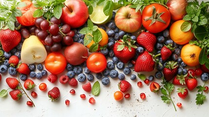 Wall Mural - Colorful Assortment of Organic Fresh Fruits and Vegetables on White Background - Close-Up of Healthy Produce Display for Nutritional and Dietary Concepts