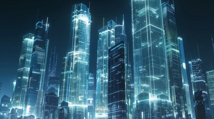 Wall Mural - a futuristic cityscape with glowing, transparent skyscrapers showcases smart, eco-friendly architect