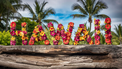 Wall Mural - Hawaii word made with colorful hawaiian flowers, with views to the beach landscape, summer vacations