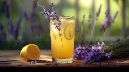 Poster - A tall glass of freshly squeezed lemonade, garnished with sprigs of fragrant lavender. 