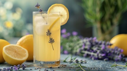 Wall Mural - A tall glass of freshly squeezed lemonade, garnished with sprigs of fragrant lavender. 