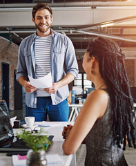 Wall Mural - Businessman, assistant and happy with paperwork at desk for research on company budget or client briefing. Employees, teamwork and smile with document, financial portfolio or administration in office