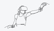 © Irkhamsterstock - Continuous one line drawing of girl using virtual reality headset and playing shooter game. Editable line. Graphic illustration.