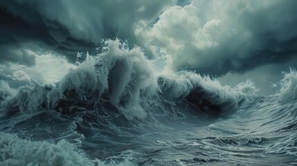 apocalyptic tsunami waves and dark stormy sky dramatic natural disaster 3d illustration