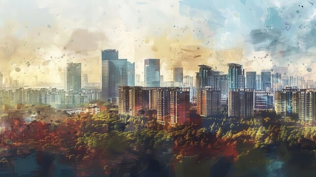 chengdu cityscape with brush stroke texture oil painting style illustration